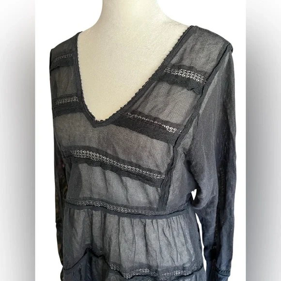 FREE PEOPLE Berlin Black Mesh Long-Sleeved Mini Dress Boho Lace Size S - Picture 3 of 8